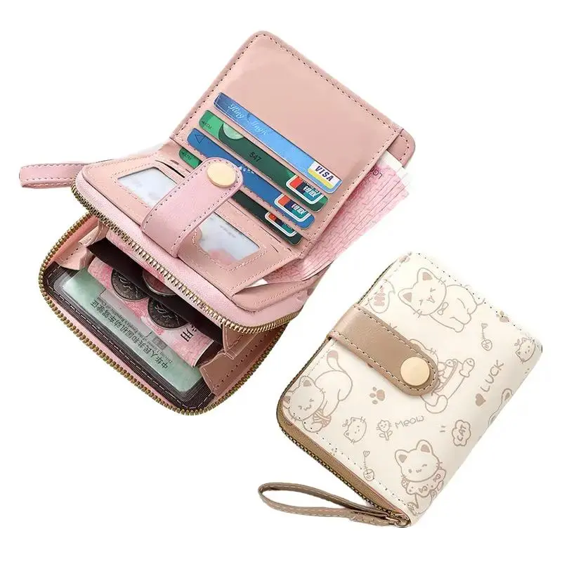 Women's Japanese-Style Velcro Short Belt Wallet - Cute Kitten Buckle, RFID ID Protection, Coin Pocket, Compartmentalized, Lightweight, Portable, Casual EDC Character-Themed Wallet for Outdoor Use, Casual Women's Wallets, Edc Women's Wallets