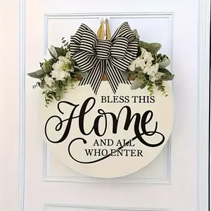"1 Piece Charming Wreath Door Hanger-" Bless This Home "Message, Multifunctional Front Door Decoration, Sweet Home Four Seasons Welcome Sign" Outdoor Decoration, Year-round Decoration