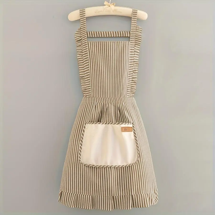 Breathable Hemp Kitchen Apron - Blue Striped Vertical Lines Design, One Size, Waist Tie, 1-Piece Kitchen Wear for Household Use, Striped Pattern