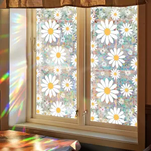Rainbow Window Film Static Cling - Daisy Design Bird Deterrent Sticker, 17.7x43.3 Inch No Glue Decorative  Film for  Office Living Room