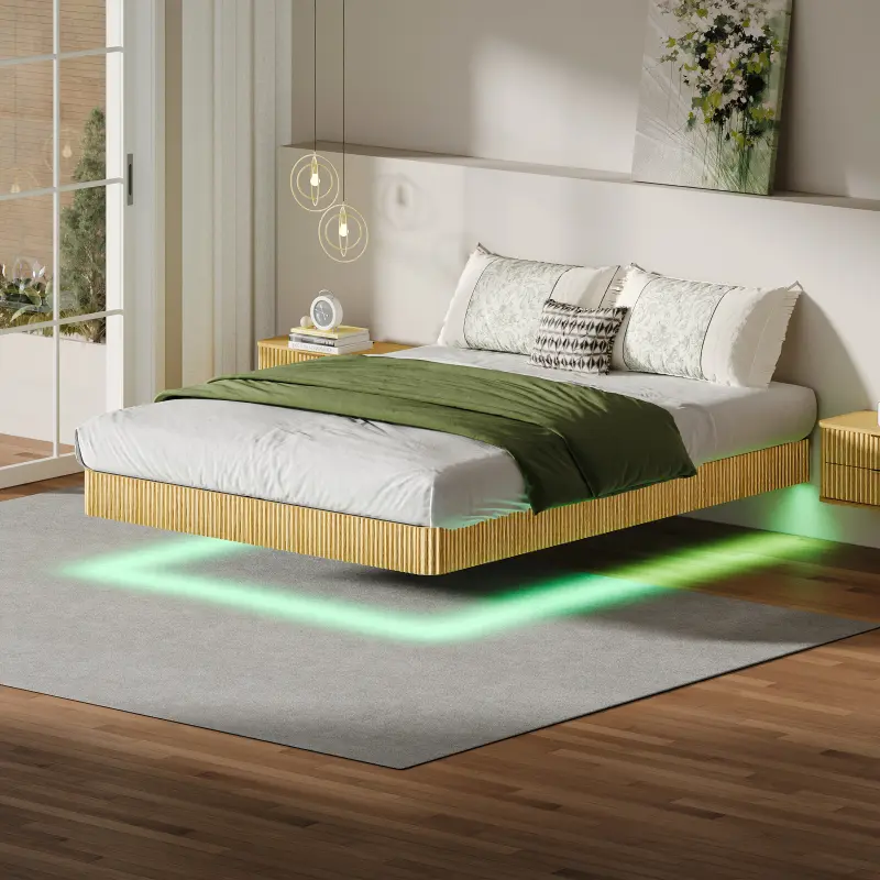 Queen Floating Bed Frame with LED Lights, Japanese Floating Bed Queen Size without Headboard, Modern Fluted Low Metal platform bedframe, No Box Spring Required, Easy Assemble (Oak, Queen)