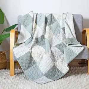 50" x 60" Cotton Quilted Throw Blanket Sage Green Patchwork Throw Quilt for Couch Lightweight Pieced Lap Quilt with Neutral Modern Farmhouse Style