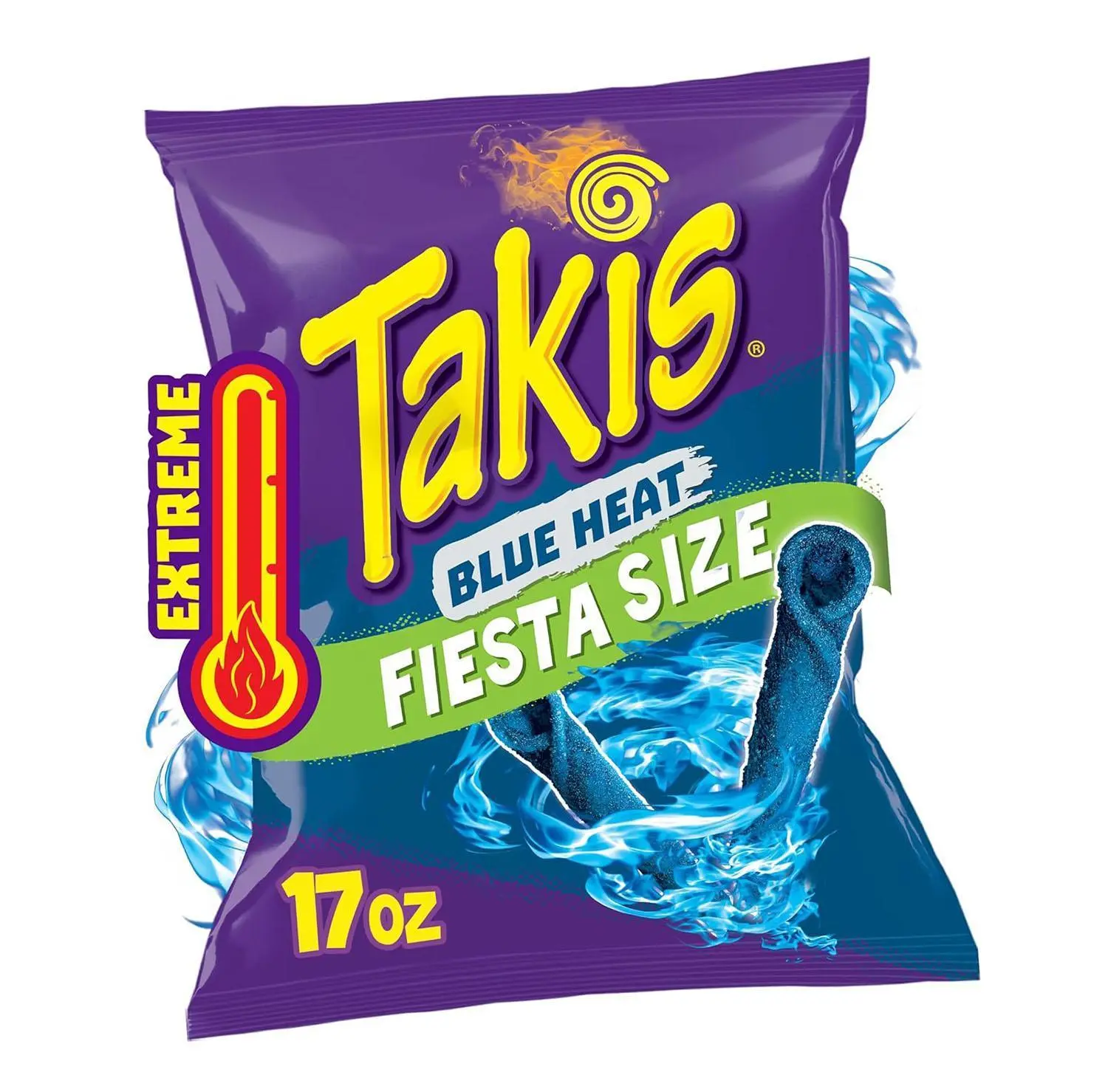Takis Blue Heat 17 oz Fiesta Size Bag, Hot Chili Pepper Flavored Extreme Spicy Rolled Tortilla Chips