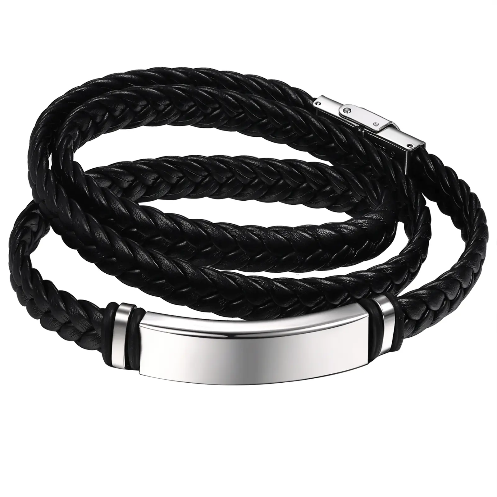 OIDEA Personalized Leather Bracelet for Men Women - Custom Engraved ID Tag Stainless Steel Woven PU Wrap Adjustable Gift