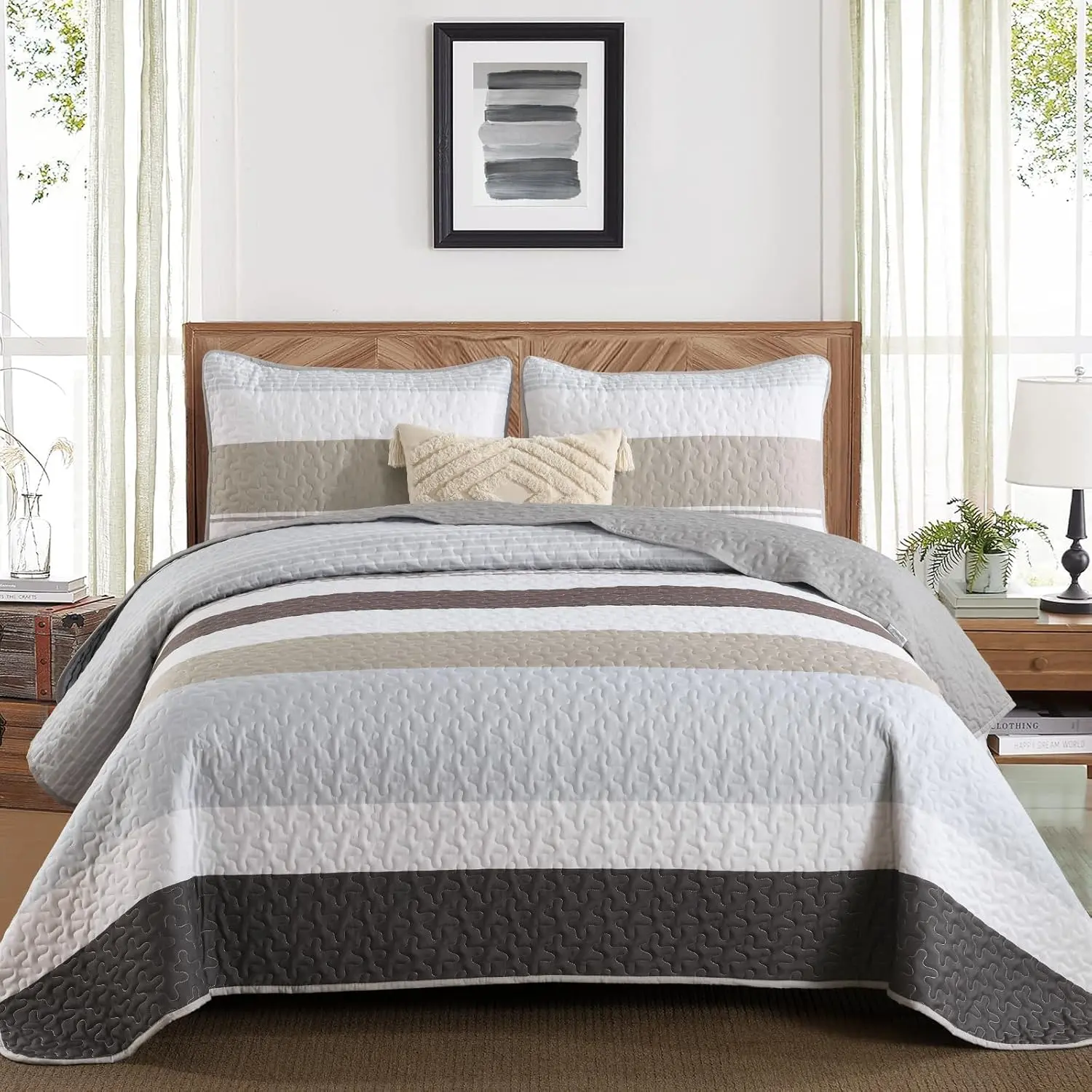 Grey Boho Quilt et Queen ize,Fall Gray Bedding ets triped Patchwork Brown Bedspread Lightweight Micofiber Farmhouse Coverlet Bed with  Pillowshams for Men Winter Autumn