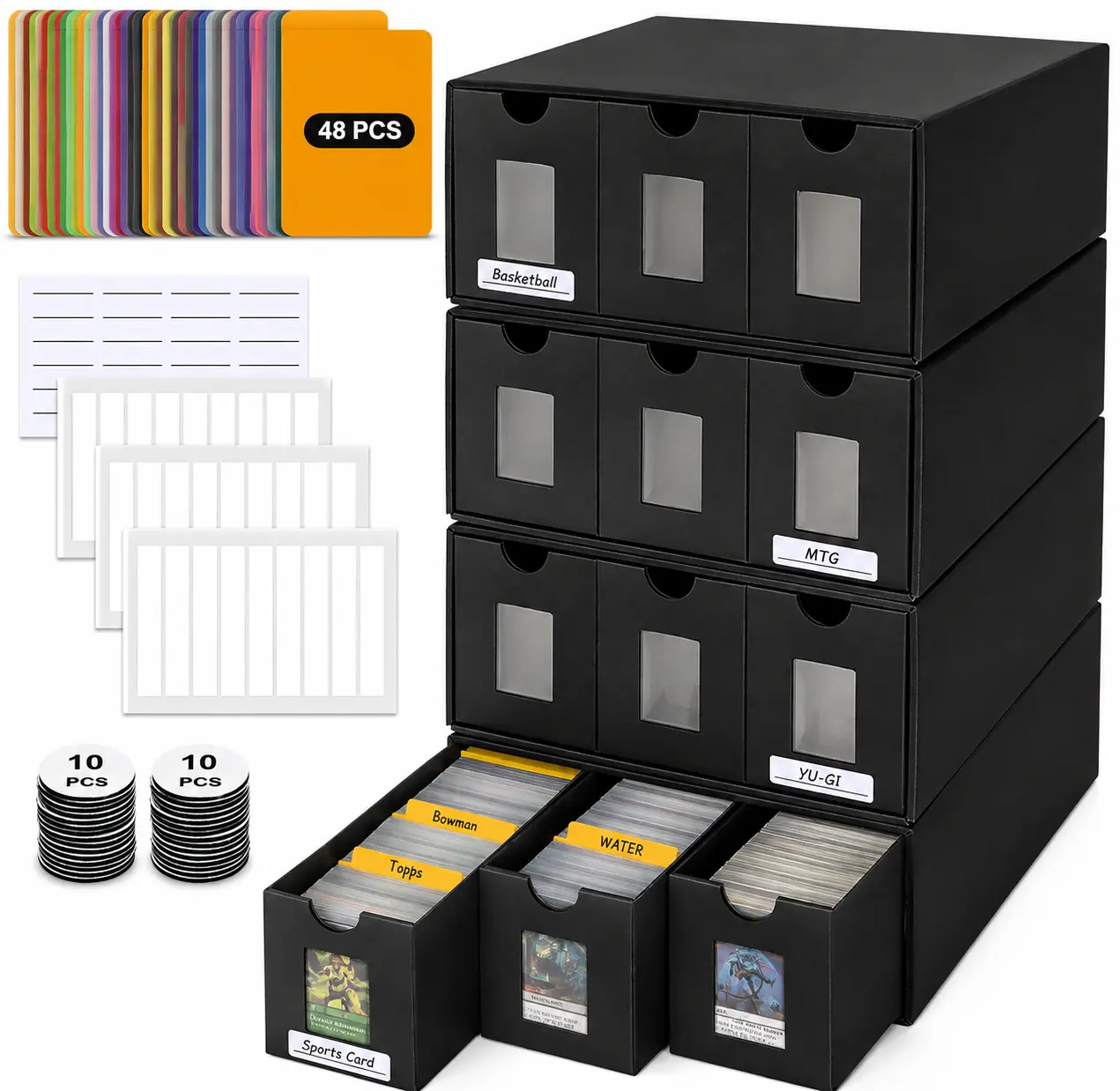 12000+ Trading Card Storage Box for Commander Display, Card Deck Box Cardboard with 48 Dividers, Labels & Tapes, Trading Card Collection Box Fit for TCG, PTCG, MTG and Sport Cards