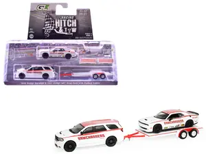 2018 Dodge Durango White with Red & 2021 Dodge Challenger SRT White with Red with Trailer 1/64 Diecast Model Cars by Greenlight