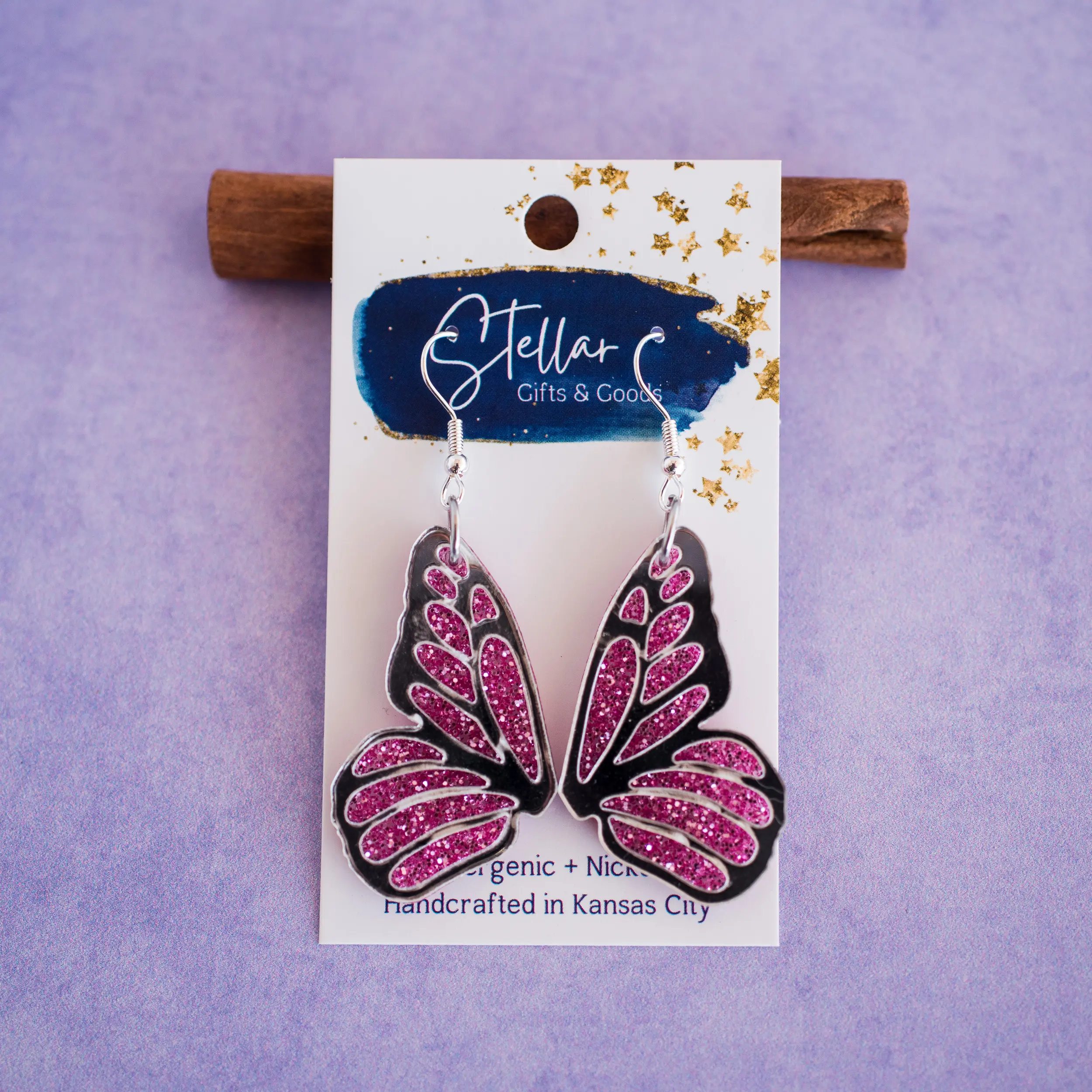 Pink Glitter Butterfly Wing Dangles