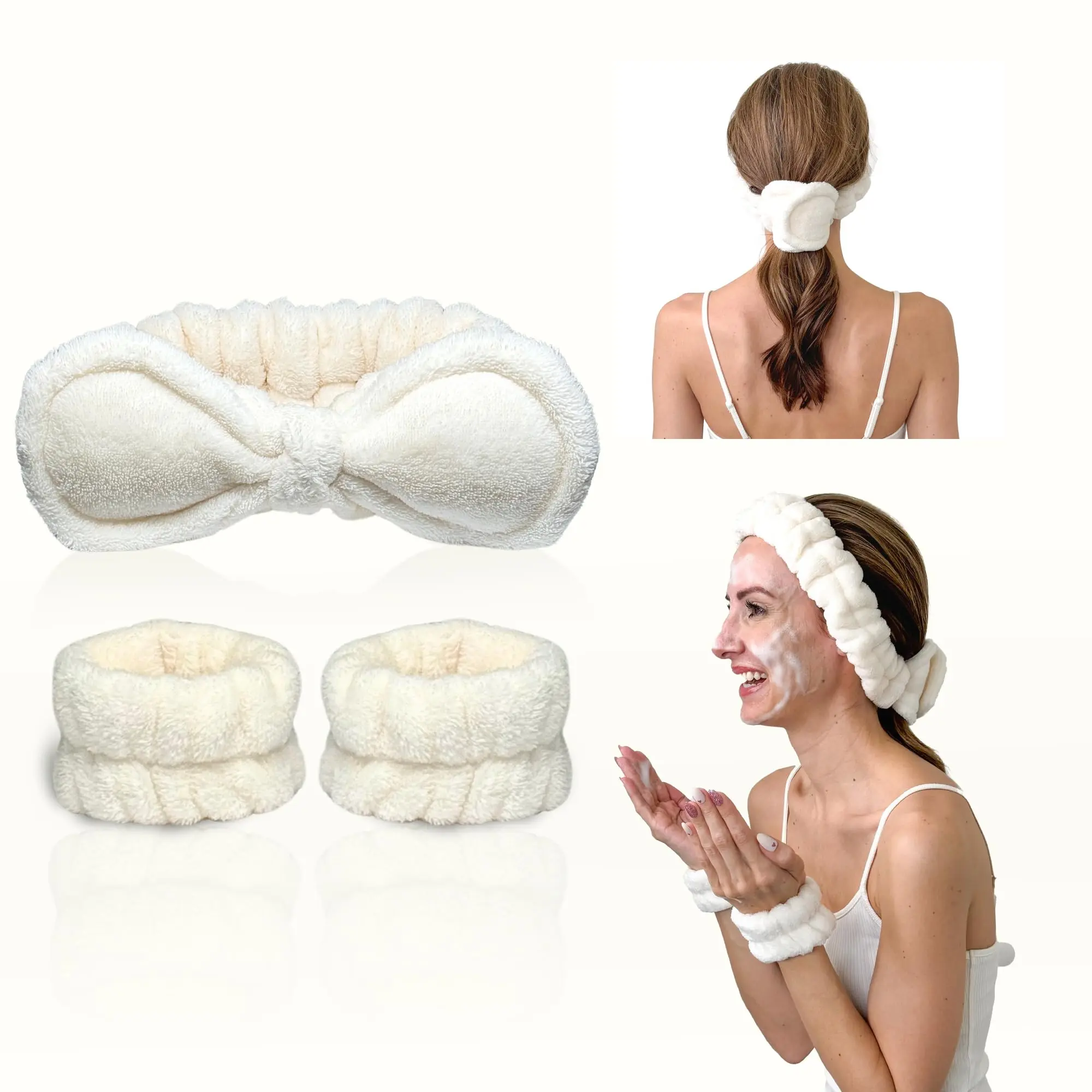 Gnarley Charley Face Washing Headband Set with Wristbands - Ivory - Women Hair Care Accessory for Facial - Includes Soft & Absorbable Face Wash Wristbands and Adjustable Bunny Ears Headband