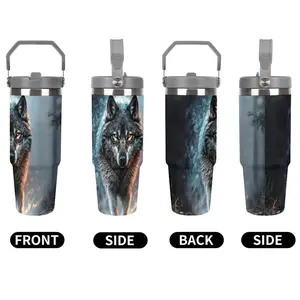 30 Oz Insulated Stainless Steel Wolf Print Water Cup Tumbler with Handle and Straw, Perfect for Summer and Winter, Ideal Gift for Wolf Lovers, Birthday and Holiday Parties