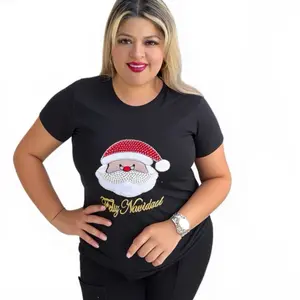 Blusa Casual Women's T-Shirt #N34 93% Cotton with Santa Design and "Feliz Navidad" Text, Comfortable Fit for Everyday Wear
