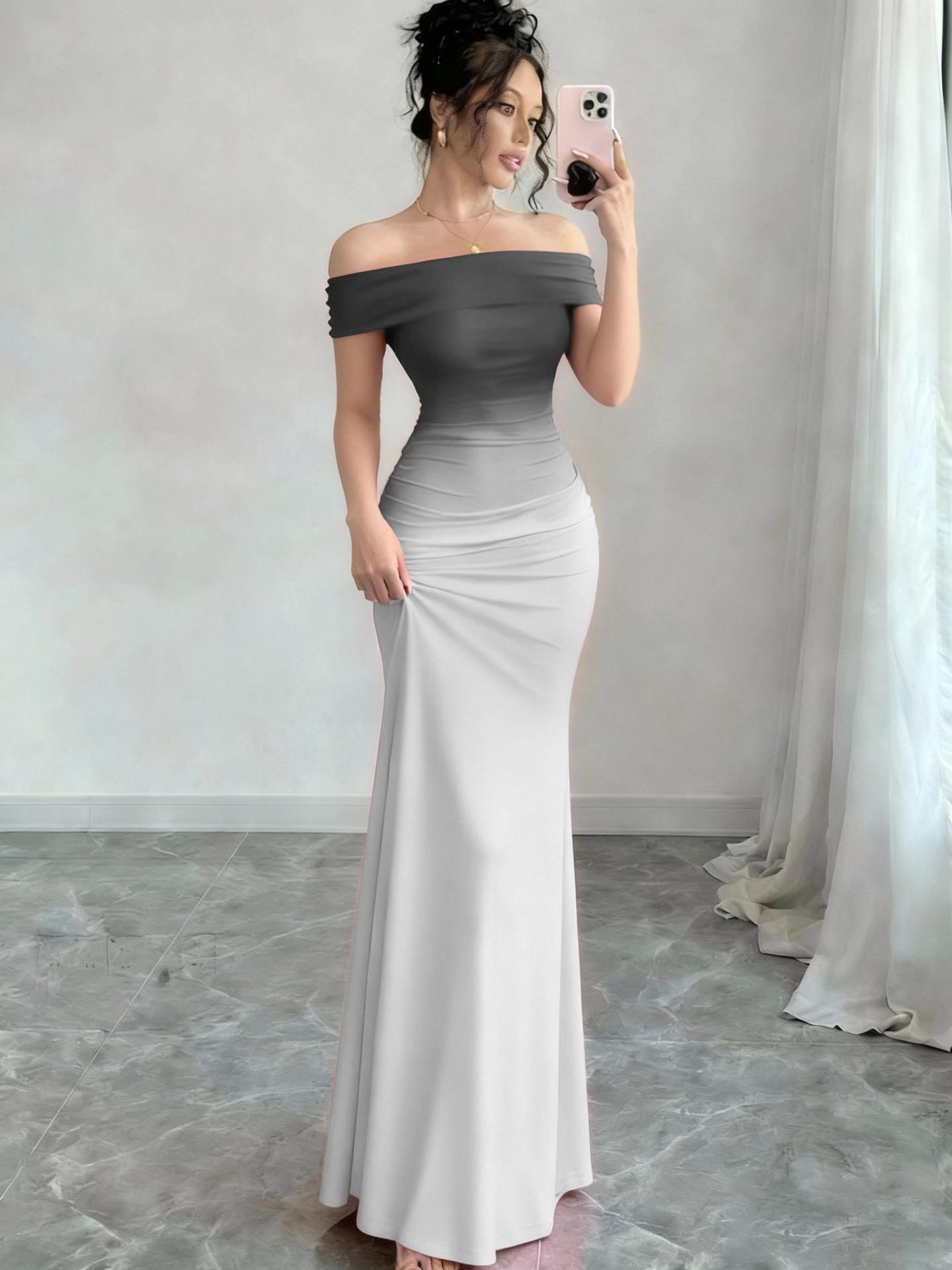 Women's 2026 New Stylish Off-Shoulder Short-Sleeve Ombré Effect Bodycon Maxi Dress for Evening Wear