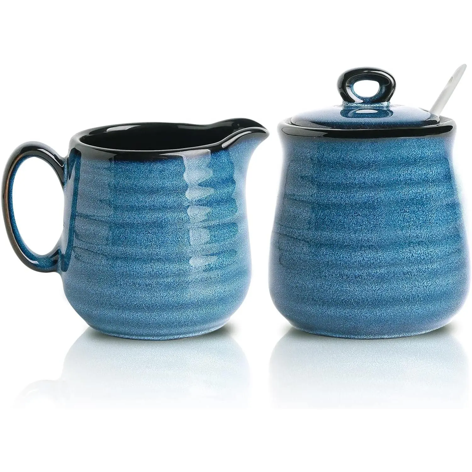 Porcelain Sugar and Creamer Set,11 Ounce Sugar Bowl with Lid and Spoon,10 Ounce Cream Pitcher,Farmhouse Coffee Sets for Serving,Dishwasher Safe(Blue)