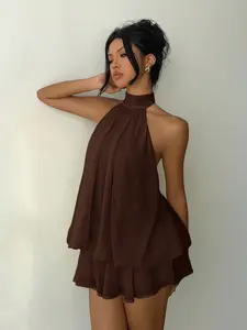 USBOUTIQUE CHIC Women's Summer Halter Neck Backless Ruffle Mini Dress Casual Party Vacation Curvy-Friendly