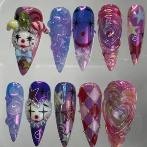 S16 Nailed by Vibe - Fantasy Clown Harlequin Press-On Nails, 3D Heart Face, Holographic Stars & Spiral, Handmade Carnival Cute Fake Nails, Circus Halloween Party Vibes, Gift For Her