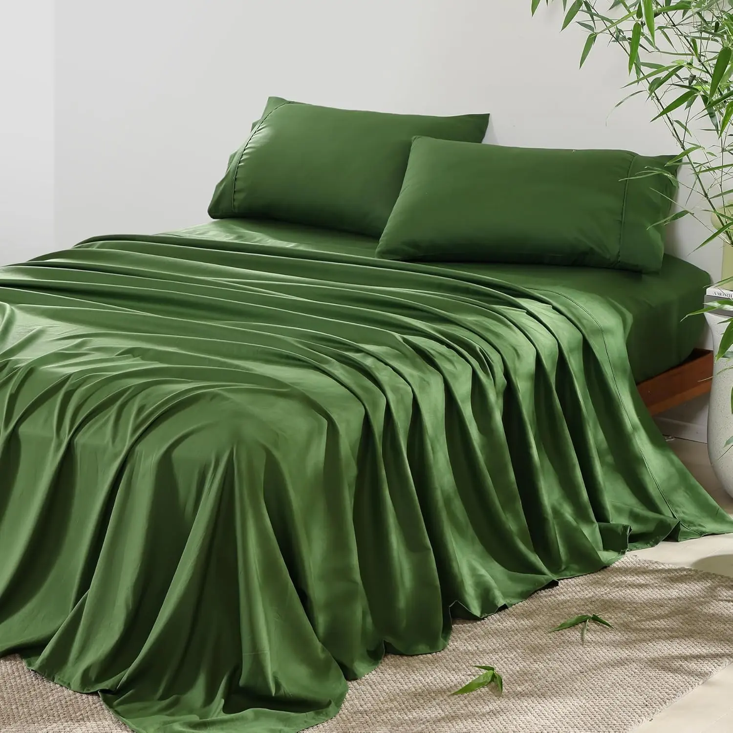 4-Piece Twin Size Sheet Set with Pillowcases - 40% Rayon Derived from Bamboo, Cooling, Breathable, Wrinkle Resistant, Silky Fit 16 inch Deep Pockets, Machine Wash, Oeko-Tex Certified, Olive Green, Deep Pocket Sheets, Rayon Blend, Solid