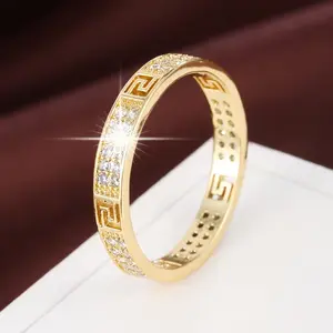 14K Gold Plated Greek Key Band Ring for Women Cubic Zirconia Pave Stackable Statement Ring Dainty Geometric Eternity Band Fashion Promise Jewelry for Daily Wear & Gifts