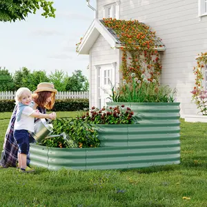 GREEN Galvanized Tiered Raised Garden Bed Kit with Open Base – 43x63x31.5" Oval Ground-Connected Planter for Vegetables, Herbs & Flowers (Modular 3-In-1