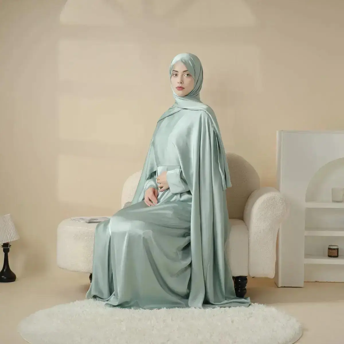 Muslim Modesty Islamic Fashion Chic Caftan Maxi Luxury Satin Wedding Cape Bridal affordable Abaya 3 piece (MOA044) Fit Hijab & Headscarf Veil Grey