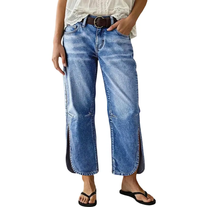 Flamingals Wash Side Split Hem Detail Mid Waist Wide Leg Cropped Jeans Without Belt Stretchy 25.6'' Inseam