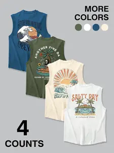 Men's 4-piece round neck vest, Sleeveless with coconut tree and California beach pattern screen printed clothing, loose fit, ideal for beach travel, summer vacation, and casual wear, durable tropical print for beach and retro style enthusiasts