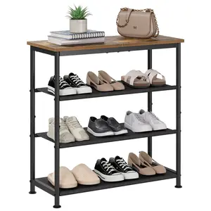 Shoe Rack 4-Tier with Wooden Top Industrial Shoe Storage Organizer with Metal Frame & 3 Fabric Shelves for Entryway & Closet Holds 9-12 Pairs