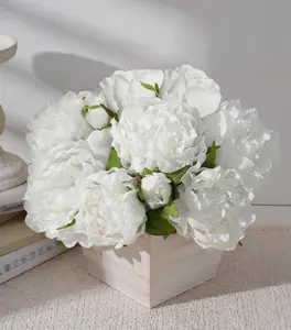 Ivydale Artificial Hydrangea Flowers Arrangement in Wood Planter, 4PCS Fake Flowers in Wooden Vase Potted Floral Centerpieces for Tables Living Room Home Office Kitchen Decor (White Peony)