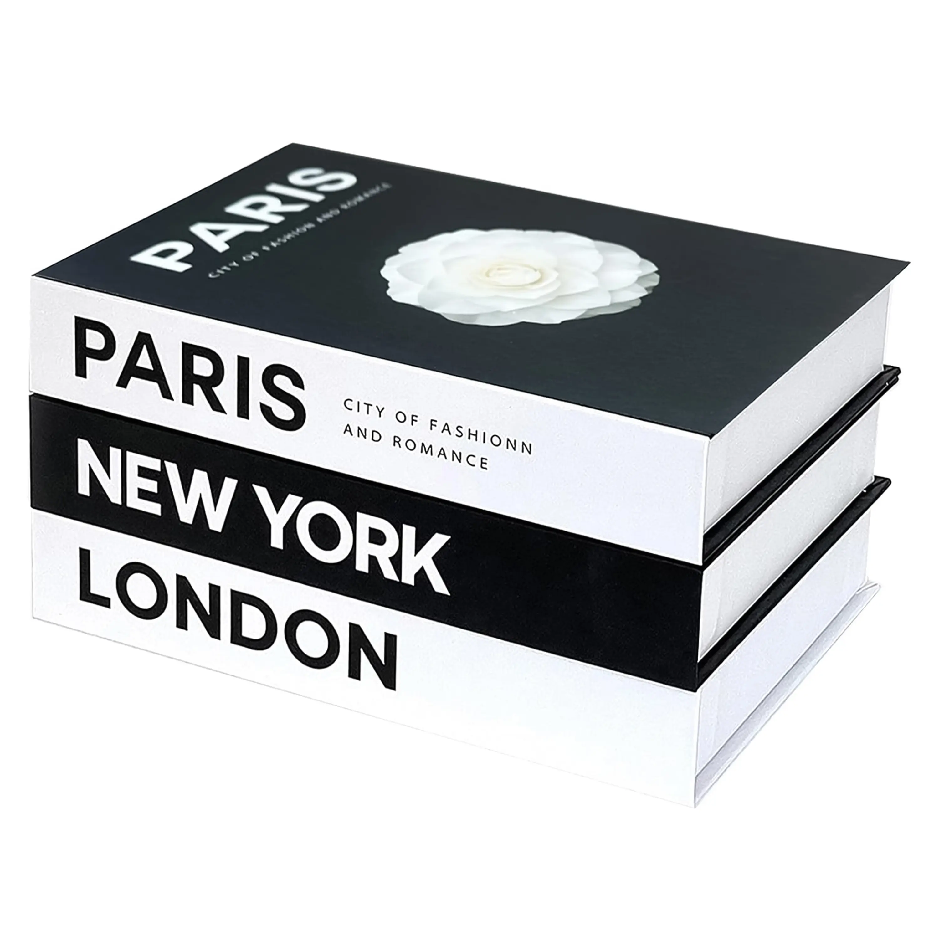 Set of 3 Decorative Books for Home Decor – Decorative Hardcover Display Faux Books for Bookshelf and Coffee Table with storage – Black and white – Paris London New York Themed