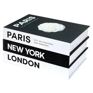Set of 3 Decorative Books for Home Decor – Decorative Hardcover Display Faux Books for Bookshelf and Coffee Table with storage – Black and white – Paris London New York Themed