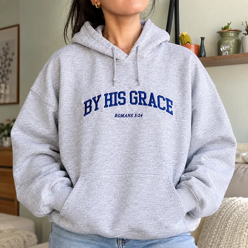 By His Grace Embroidered Christian Hoodie – Faith Streetwear, Aesthetic Gym Apparel, Inspirational Gift