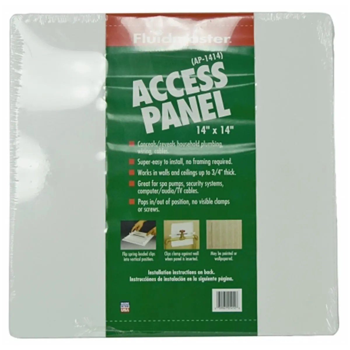 Fluidmaster AP-1414 14"x14" Access Panel, Home Improvement Solution for Walls and Ceilings, Conceals/Reveals Wiring, Paintable, Wallpaperable, Fits Up to 3/4" Depths, Paintable Or Wallpaperable