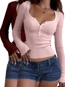 Women's Solid Button Front Scoop Neck Sweater, Casual Long Sleeve Knit Top Knitwear for Spring & Fall, Women's Clothes for Daily Wear