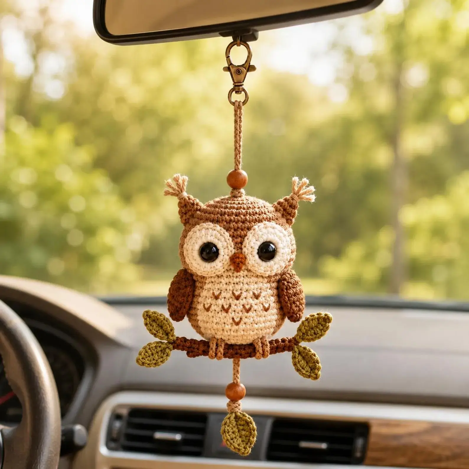 Crochet Owl Car Hanging Ornament, Cute Rearview Mirror Charm, Boho Cottagecore Car Decor, Handmade Amigurumi Bird Accessory, Owl Lover Gift