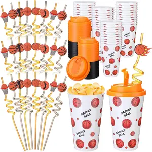 16 Set Basketball Party Favors Goodie Cups with  and Spiral Straws 16 oz   Plastic Tumblers Candy Cups for End of Season Team Gifts Birthday Party Supplies