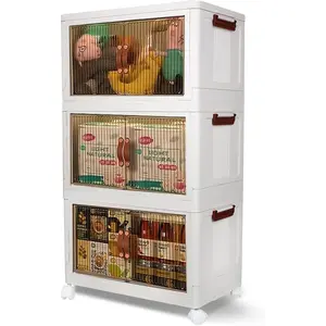 (PIUS) 3pcs Classic Style Storage Bins with Wheels, Stackable Plastic Magnetic Closure, Multipurpose Folding Storage Box  for Home, Office, Dorm