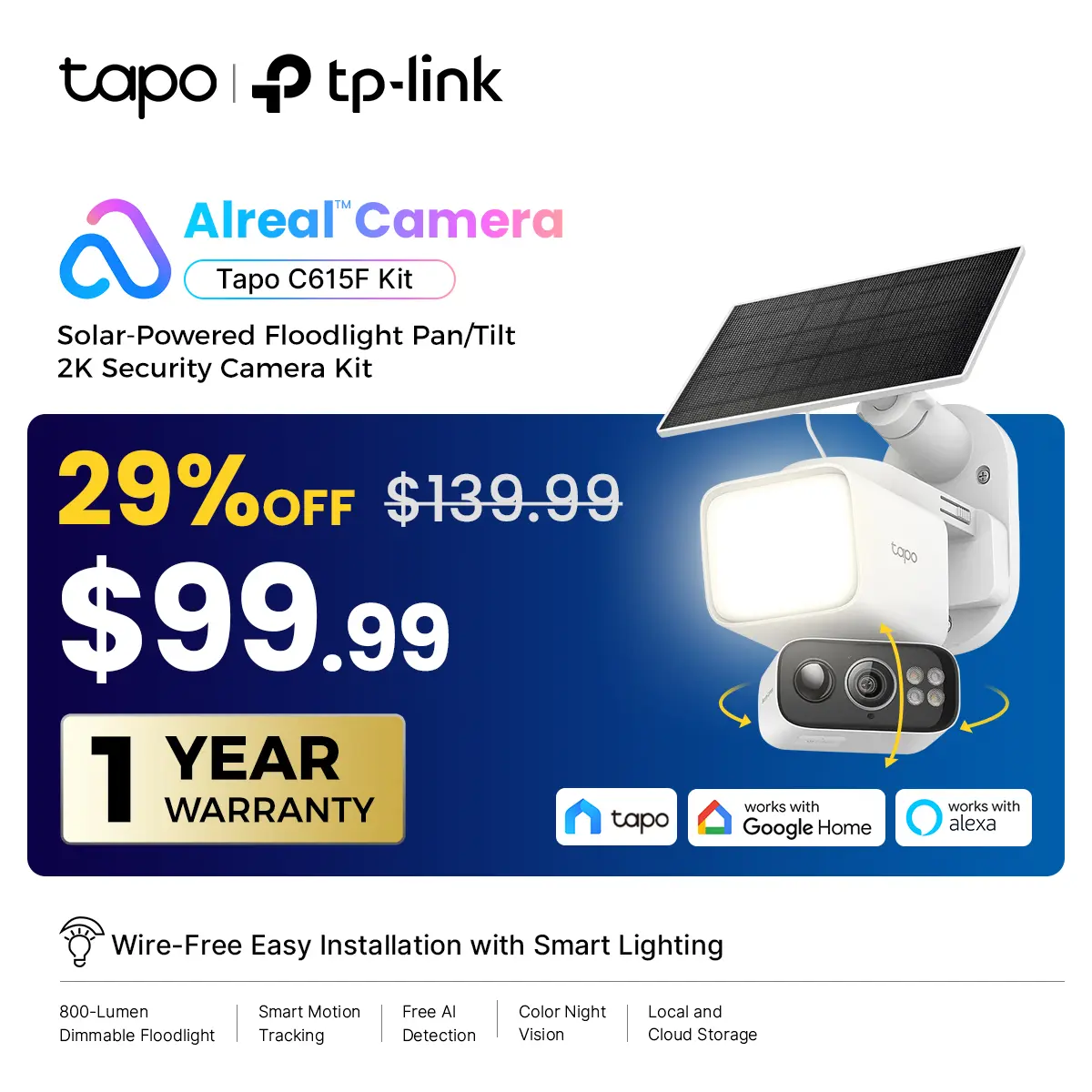 TP-Link & Tapo C615F Kit Solar Dimmable Floodlight 360° Pan/Tilt Security Camera Kit,2K 3MP  360° AI Tracking  Outdoor Wireless w/Solar Panel  Free Person/Vehicle Detection  Hack-Proof Security | Alexa & Google Home   #SummerWins #DealsForYouDays
