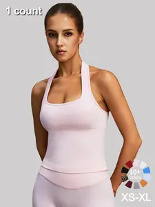 1/3 Pcs Women's Yoga Halter Neck Tank Top with Removable Pads, Three-Layer Seamless Backless Tank Tops Casual Solid Color Soft All Seasons Wear