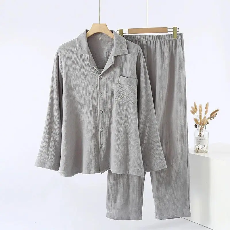 Men's 2-Piece Cotton Pyjama Sets - Long Sleeve Double-Layer Cardigan, Oversize Fit Loose Pants - Casual Home Use Wear for Spring, Autumn, Loose Cut