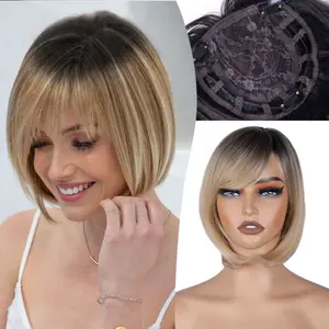 Hair Toppers for Women 12 Inch Clip in Black Hair Topper With Bangs Breathable 360° Cover Synthetic  Straight Fiber Hair Toppers Hair Extensions  Instantly Adds Volume & Wiglets Full Coverage for Daily Wear (Blonde With Dark Roots)