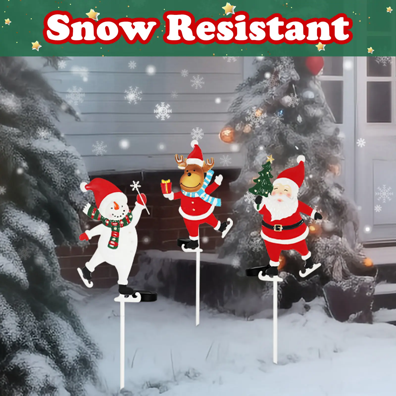 3-Pack Christmas Garden Stake Lights - Metal Santa Claus, Snowman & Reindeer Outdoor Sign Lights, Snow-Resistant Festive Lawn Decorations, Charming, Santa/Reindeer, Yard Decoration