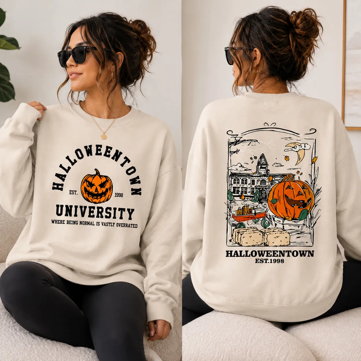 Vintage Pumpkin University Sweatshirt Cozy Halloween Graphic Crewneck Retro Fall Vibe - The Paul Womenswear Hoodie