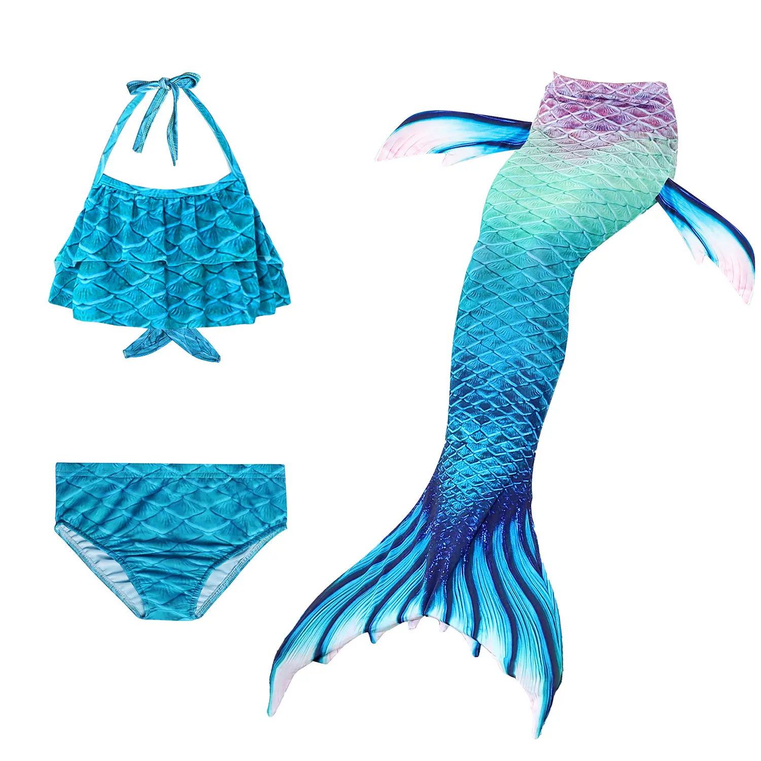 Girls' Wear 3-Piece Sparkly Bikini Sets - Polyester Blend Swimsuit with Swimmable Sparkly Tail, Multi-Size for Pool Parties, Beach, 3-Pieces