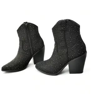Black diamond cloth thick and pointed short boots: Western style, suitable for commuting and dating, stable and sparkling diamond lining style Women Walking Shoes Design Footwear