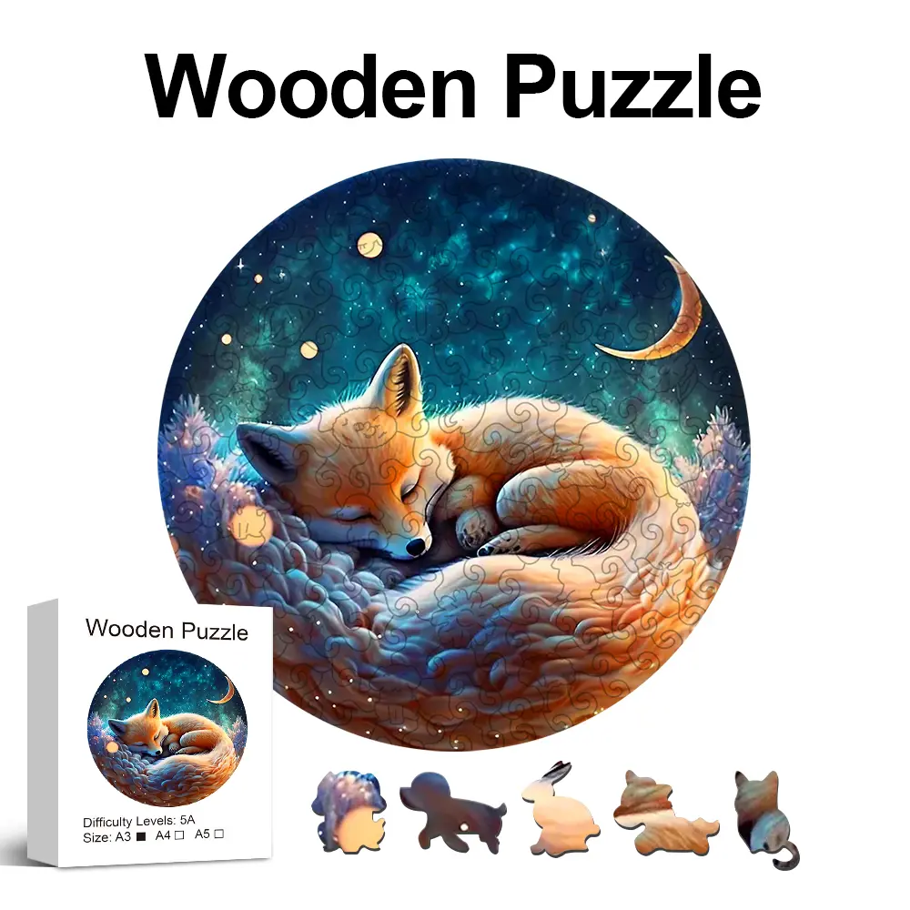 Sleeping fox Wooden Jigsaw Puzzles Art Unique Animal Shaped Pieces Stress Relieve Toys, DIY Leisure Game for Family, Special Holiday Gifts for Friends Family Modern Art Home Decor
