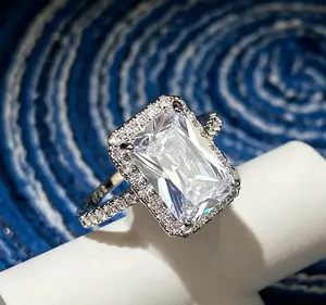 Radiant Cut Halo Simulated Diamond Engagement Ring, European Style Bridal CZ Jewelry, Rings for Women, Engagement Rings