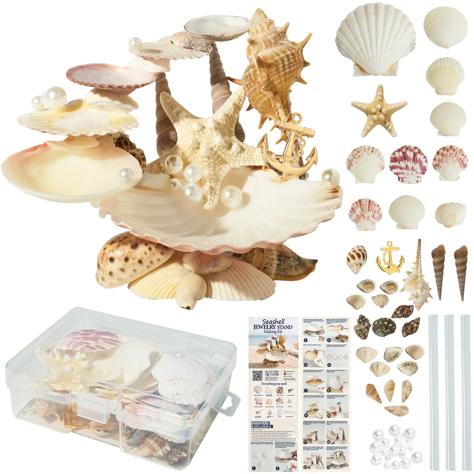 DIY Seashell Jewelry Stand Kit with Natural Shells, Coastal Craft Gift, Real Natural Shells, Printed and Video Guidance, Multi-tier Jewelry Display, and Coastal Decor in One DIY Kit
