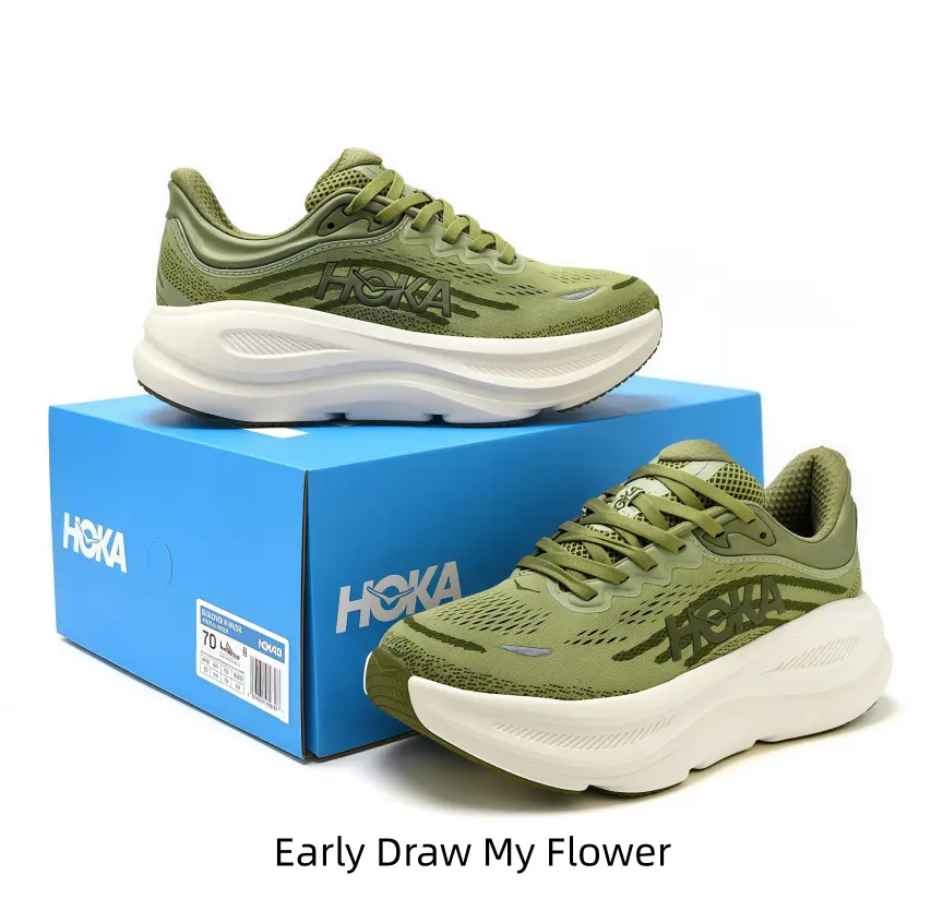 Olive tone running shoes paired with creamy white thick soles deliver soft cushioning for woodland hiking, outdoor walks and countryside travel plans