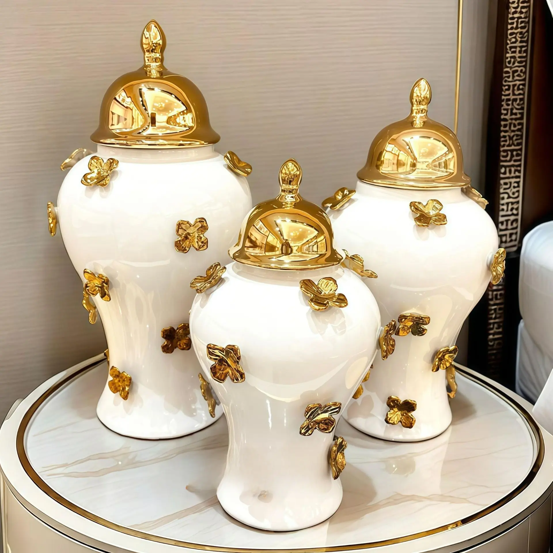 Modern European-Style Ceramic Vase with Gold Decals, Home Decor Craft Ornament, Multi-Functional Storage Jar