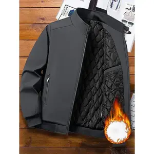 Men's Casual Solid Zip-up Small Stand Collar Windbreaker Thermal Jacket, Warm Quilted Coat With Zipper Pockets For Winter And Fall