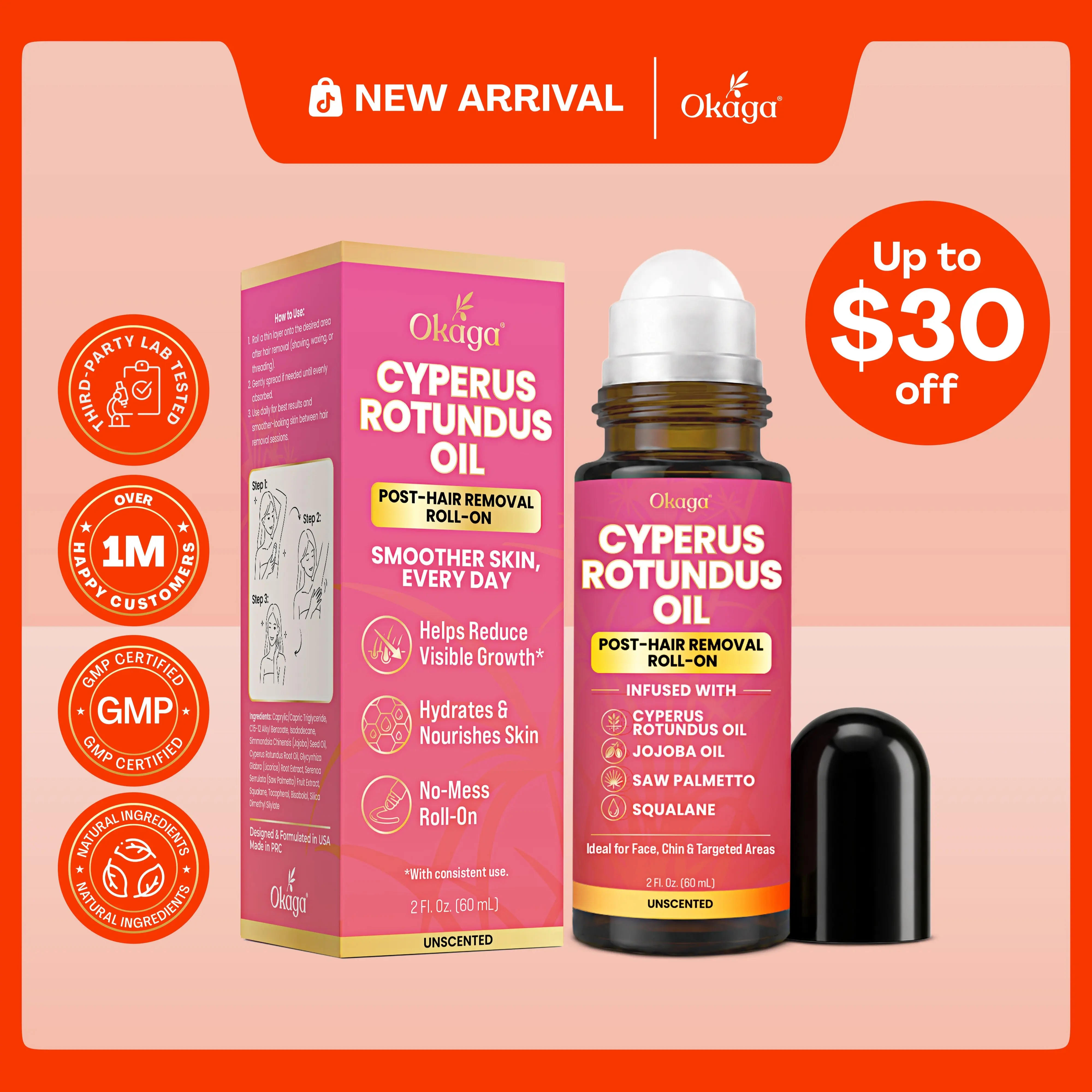 Okaga Cyperus Rotundus Oil | Natural Post-Hair Removal Roll-On | For Face, Chin, & Targeted Areas | Unscented | 60mL